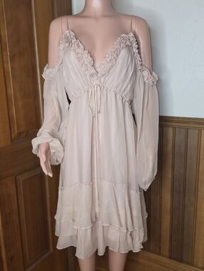 NWT BCBGMaxAzria Caden Tearose Ruffle-Trim Cold Shoulder Silk Dress Large